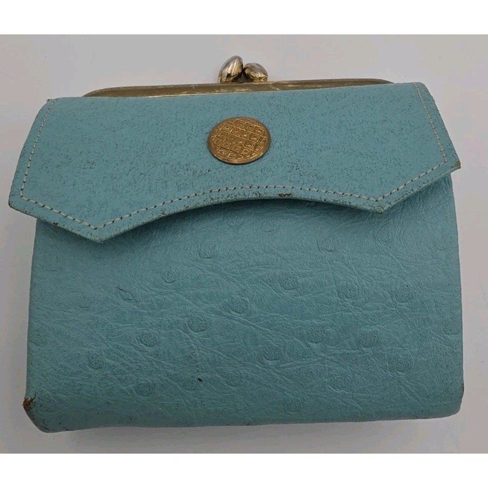 Princess Gardner Vintage Baby Blue Cowhide Leather Tri-Fold Wallet Coin Purse